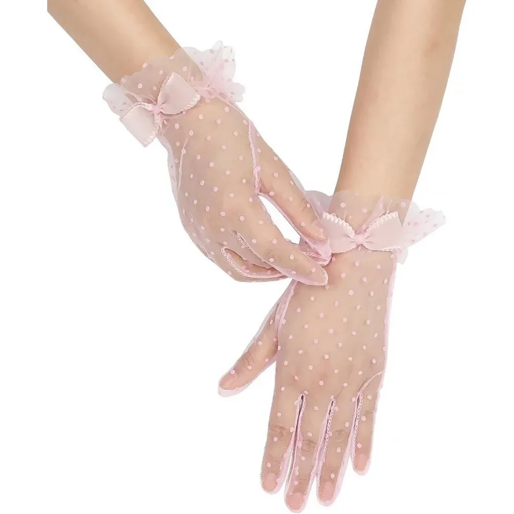 Women's Pink Short Polka Dot Lace Bow Mesh Party Wedding Bridal Gloves Prom